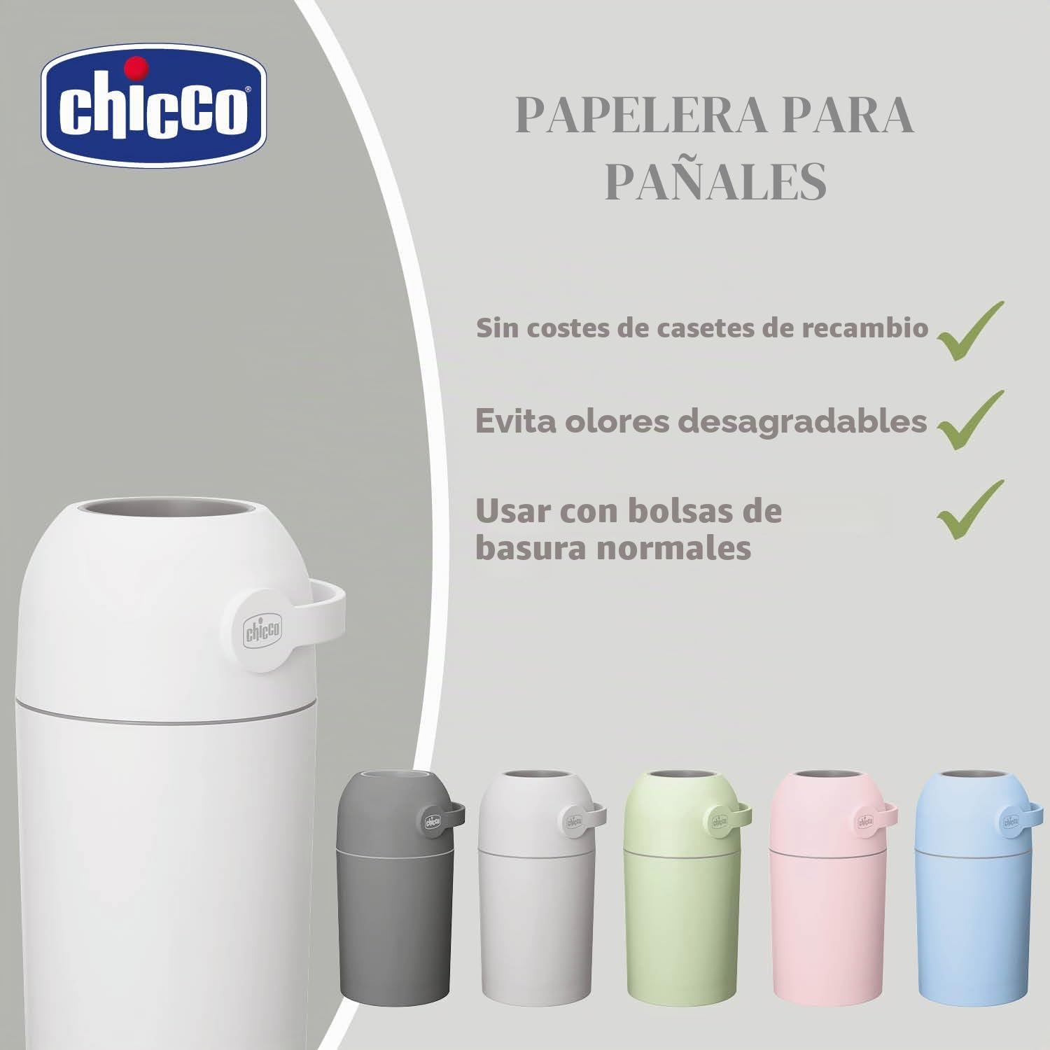 Chicco Contenedor para Pañales con Control de Olores, Sistema de Deshecho de Pañales, Papelera Compacta, Ahorra Espacio, con Tapa, Fácil de Usar y Limpiar, Funciona con Bolsas de Plástico, Blanco