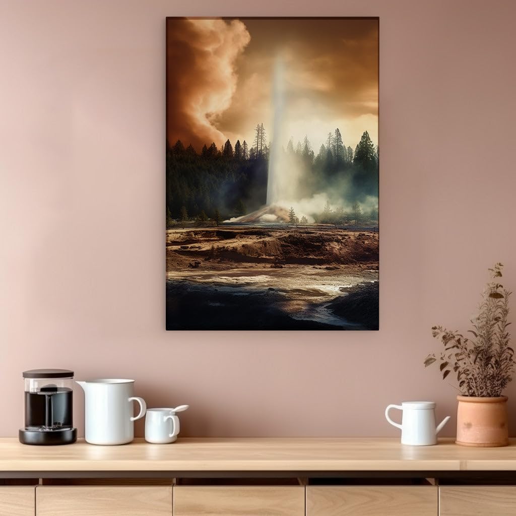 Canvas for Living Room. Erupting Geyser's Misty Ascend Among Forest Giants and River's Flow, 27 x 18 inch Canvas Wall Art - Modern Home Decor