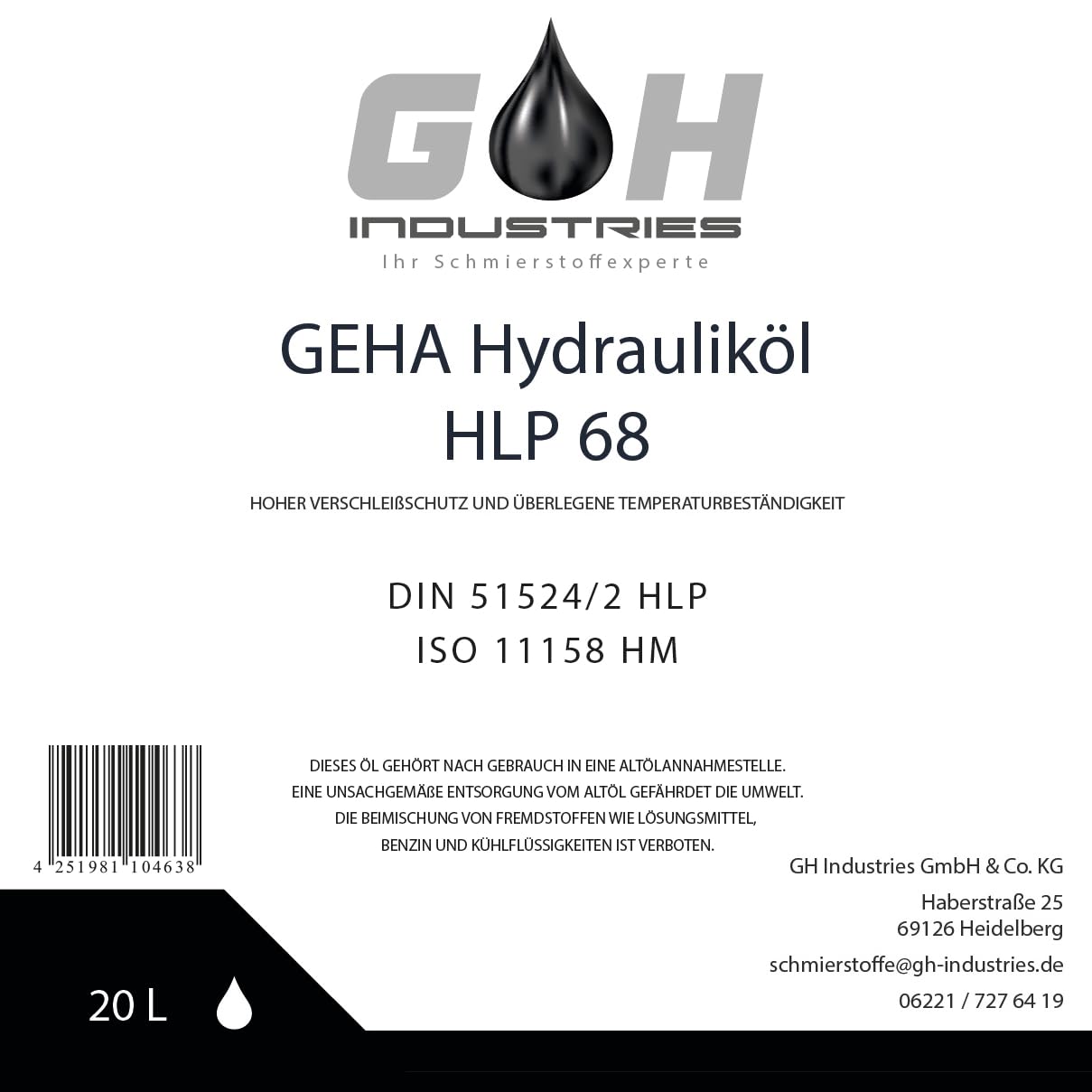 20 L Hydrauliköl HLP 68 ISO VG 68 nach DIN 51524/2 ISO 11158 HM Kanister 20 Liter