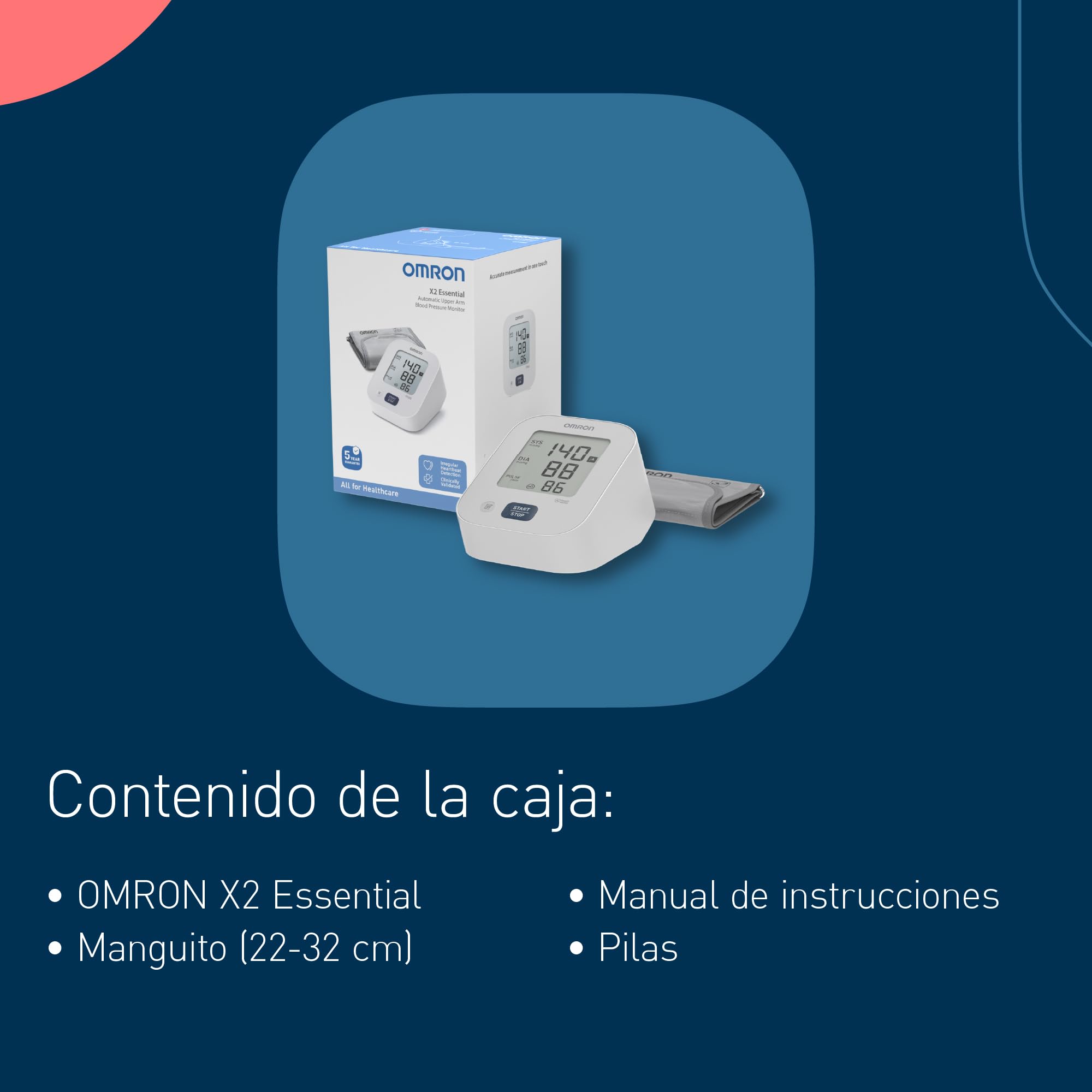 OMRON X2 Essential - Tensiómetro de brazo automático - Con indicador de hipertensión y detección de latido irregular - Memoria de hasta 30 lecturas - Validado clínicamente - Garantía 5 años - 22-32 cm