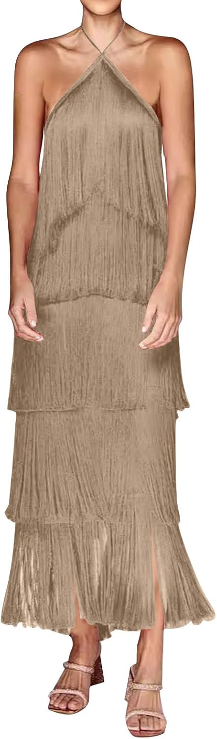 HGps8w Women's Fringe Halter Formal Evening Dress - 2025 Vacation Swing Backless Elegant Cocktail Party Maxi Dresses