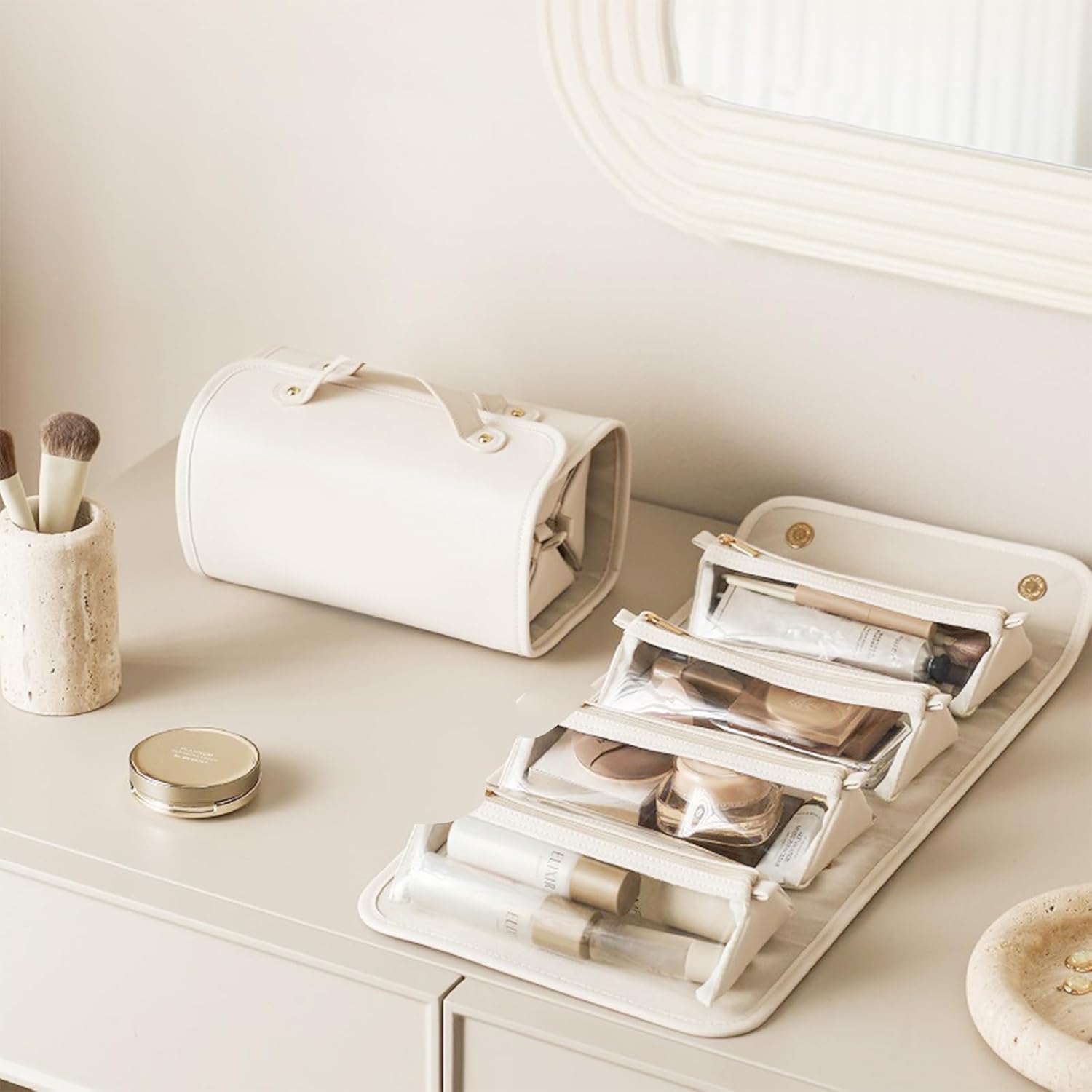 4 in 1Portable Makeup Bag with 4 Detachable Transparent Compartments - Waterproof Leather Foldable Large-Capacity Travel Cosmetic Organizer - Image 4