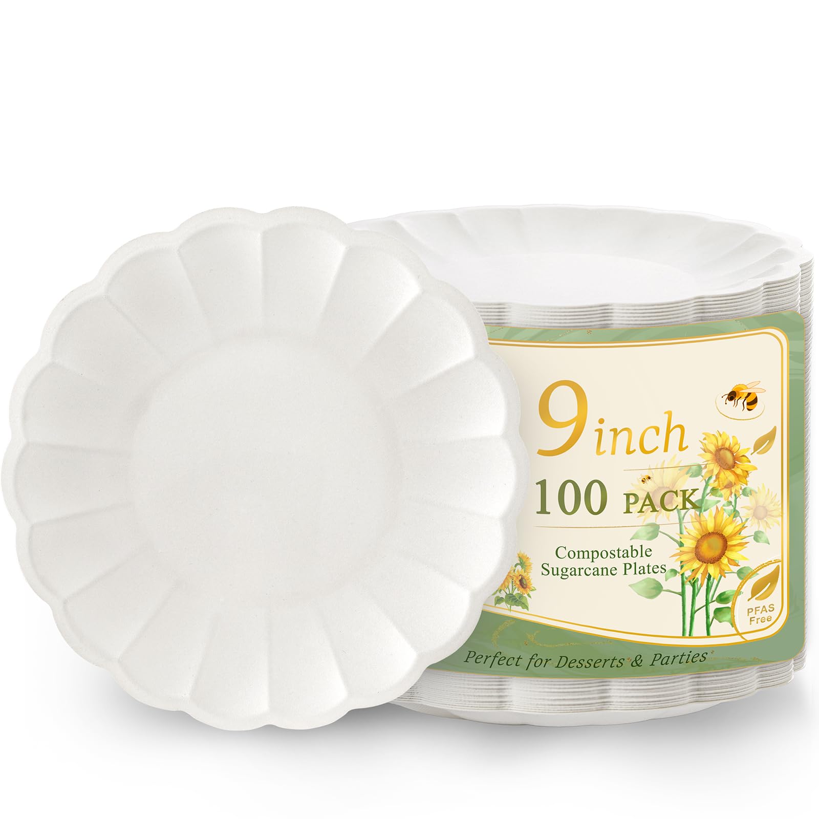 Photo 1 of 100 Pack Dinner Plates 9 Inch Paper Plates- Compostable Bagasse Party Plates for Wedding, BBQ,Picnic,Birthday,Baby Shower-100% Compostable Bagasse