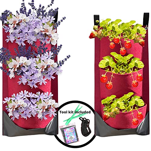 Vertical Wall Hanging Felt Fabric Planter Grow Bags/Hanging Garden Planter Kit Red Felt Waterproof Back 2 Pack X 3 Pocket For Indoor Or Outdoor/Vegetable, Herb, Flower, Succulent Or Seed Planter #TOP5