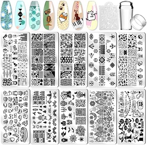 Biutee Nail Stamping Plates 10pcs Templates with Stamper Nail Stamper Nail Art Plates Kits Template Plates Leaves Flowers Animal Holiday Design