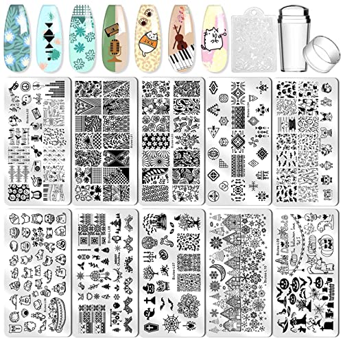 Biutee Nail Stamping Plates 10Pcs Templates With Stamper Nail Stamper Nail Art Plates Kits Template Plates Leaves Flowers Animal Holiday Design #TOP3