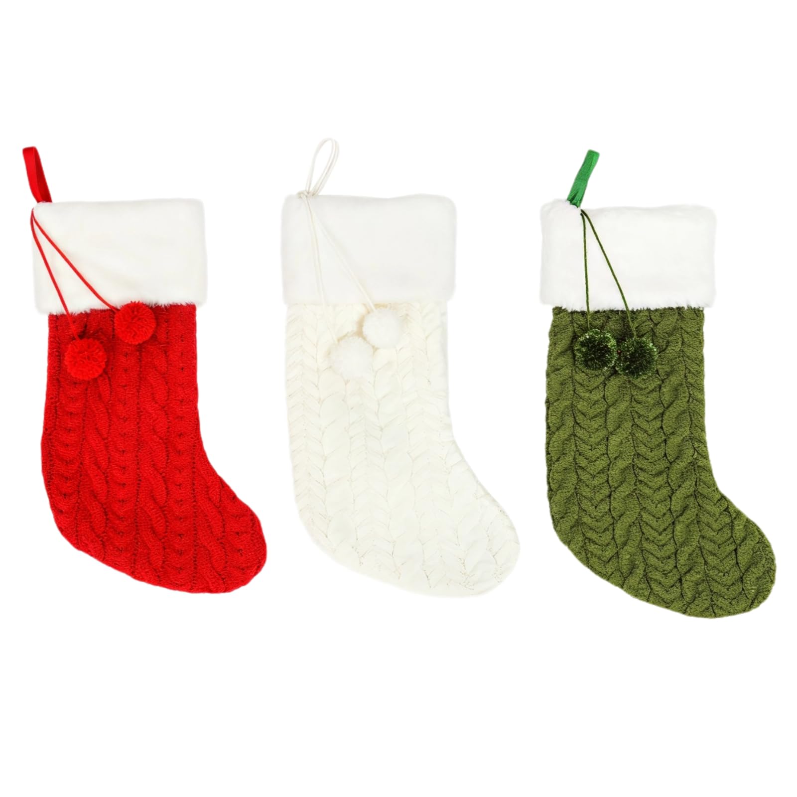 3 calze natalizie, 22,1 x 39,9 cm, grandi calze natalizie a maglia per la famiglia, decorazioni festive con pompon e anello per appendere camino, albero di Natale, casa e decorazioni per feste