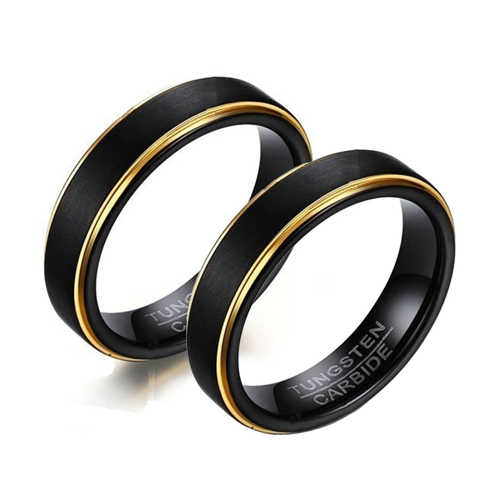 Wycian Männer Ringe, Verlobungsring Paar Wolfram 2 Stück 5 mm Schwarzer Gebürsteter Ring mit Goldrand Bandring Größe Damen 52 (16.6) Herren 54 (17.2)