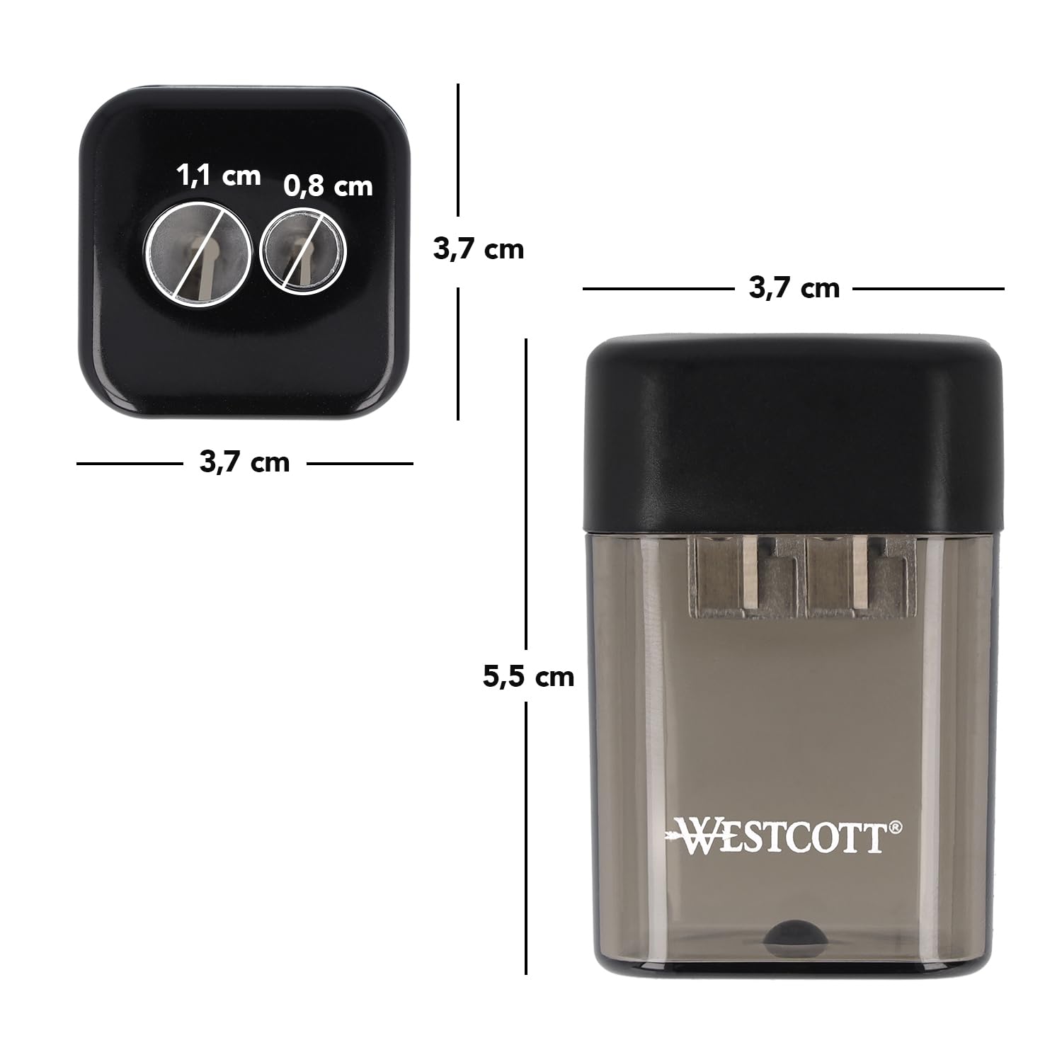 Westcott Temperamatite Doppio Con Contenitore – 8 Mm E 11 Mm, Lama In Acciaio Inox, Nero