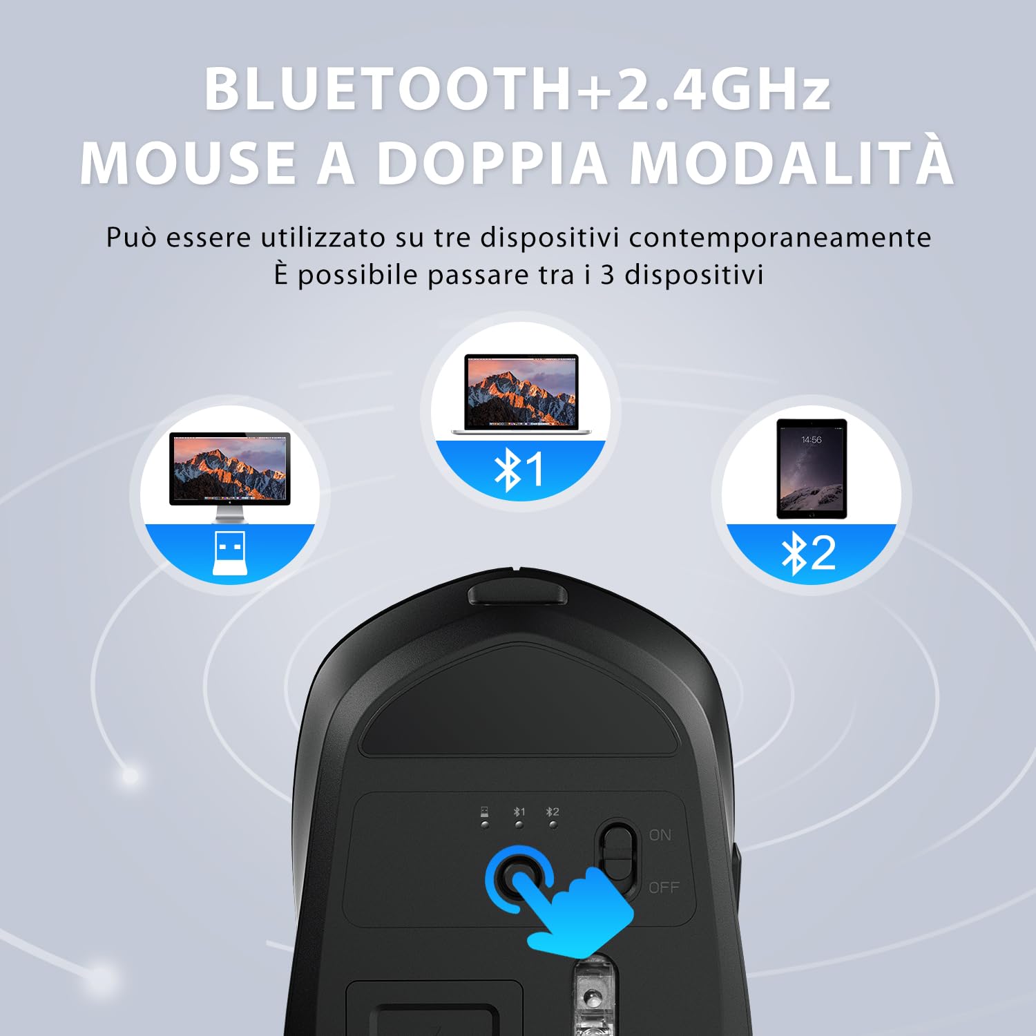 iClever Tastiera e Mouse Wireless Bluetooth, Tastiera e Mouse Doppia Modalità (Bluetooth + 2.4G) Ricaricabile, Layout Italiano QWERTY, Silenziosa for Mac, iPad, PC, Laptop, Desktop, Tablet, Smartphone