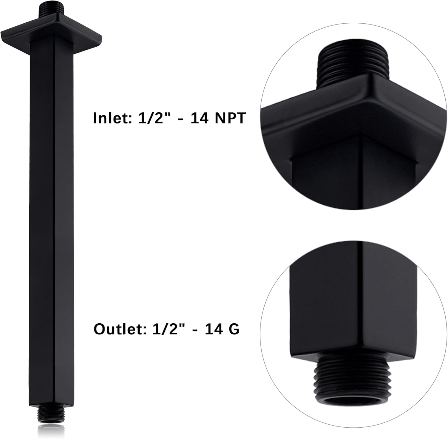 12 Inch Square Ceiling Mounted Shower Arm and Flange, Matte Black