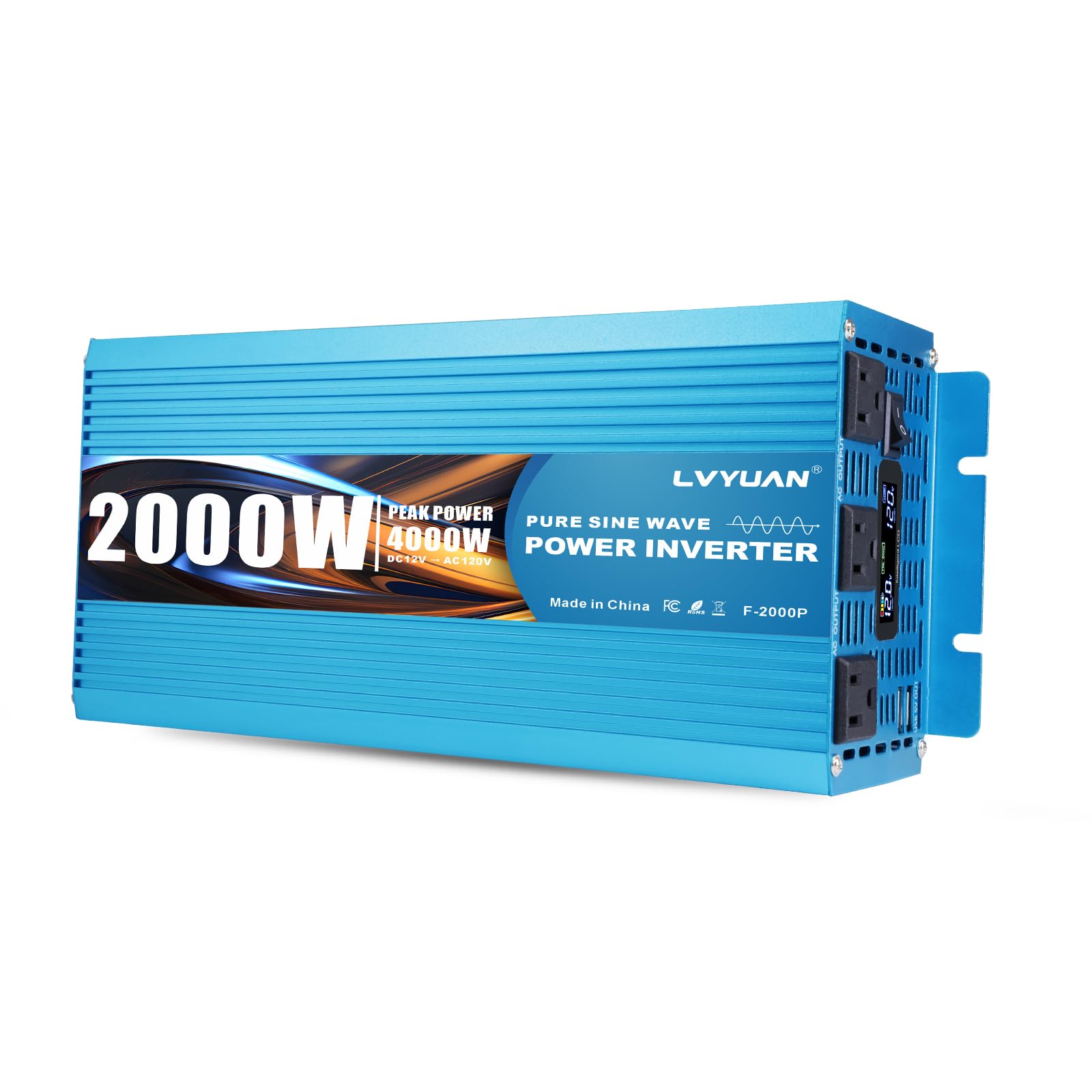 LVYUAN2000 Watt Pure Sine Wave Inverter 12V to 110V 120V DC to AC with LCD Display, 3 U.S. Outlet, USB Charger Ports, Car Power Inverter for Vehicles, RV, Outdoor, Home
