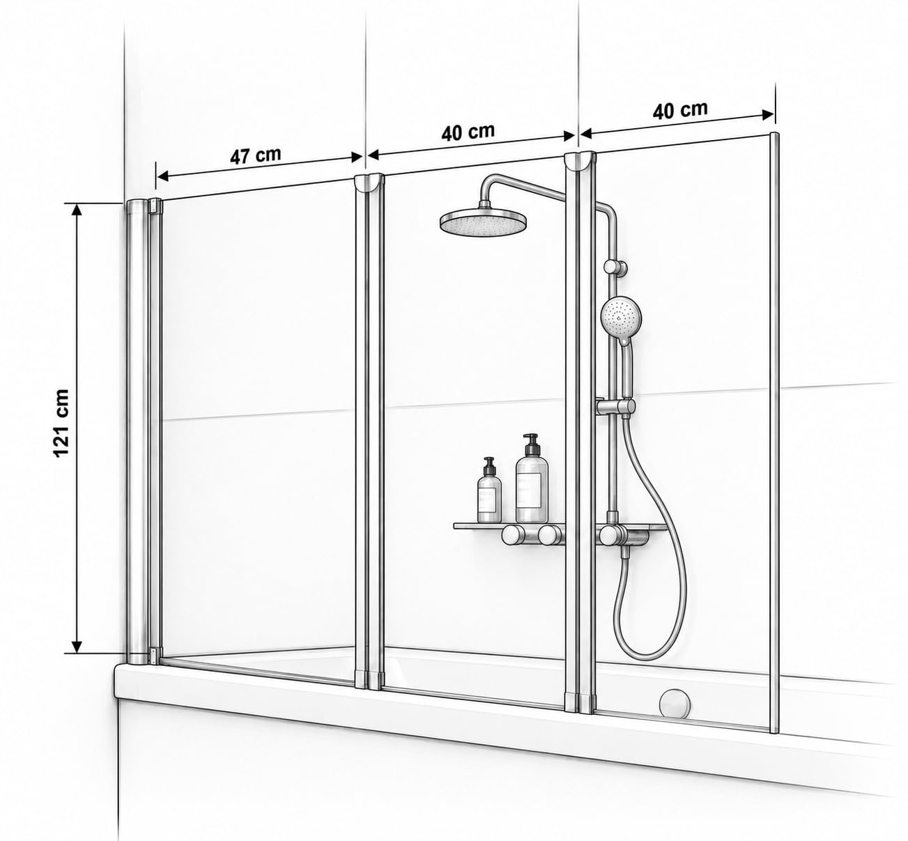 Schulte pare baignoire sans percer 127 x h.121 noir 3 volets, réversible | profilé à coller volets 47x40x40 pivotants, rabattable verre trempé 3mm