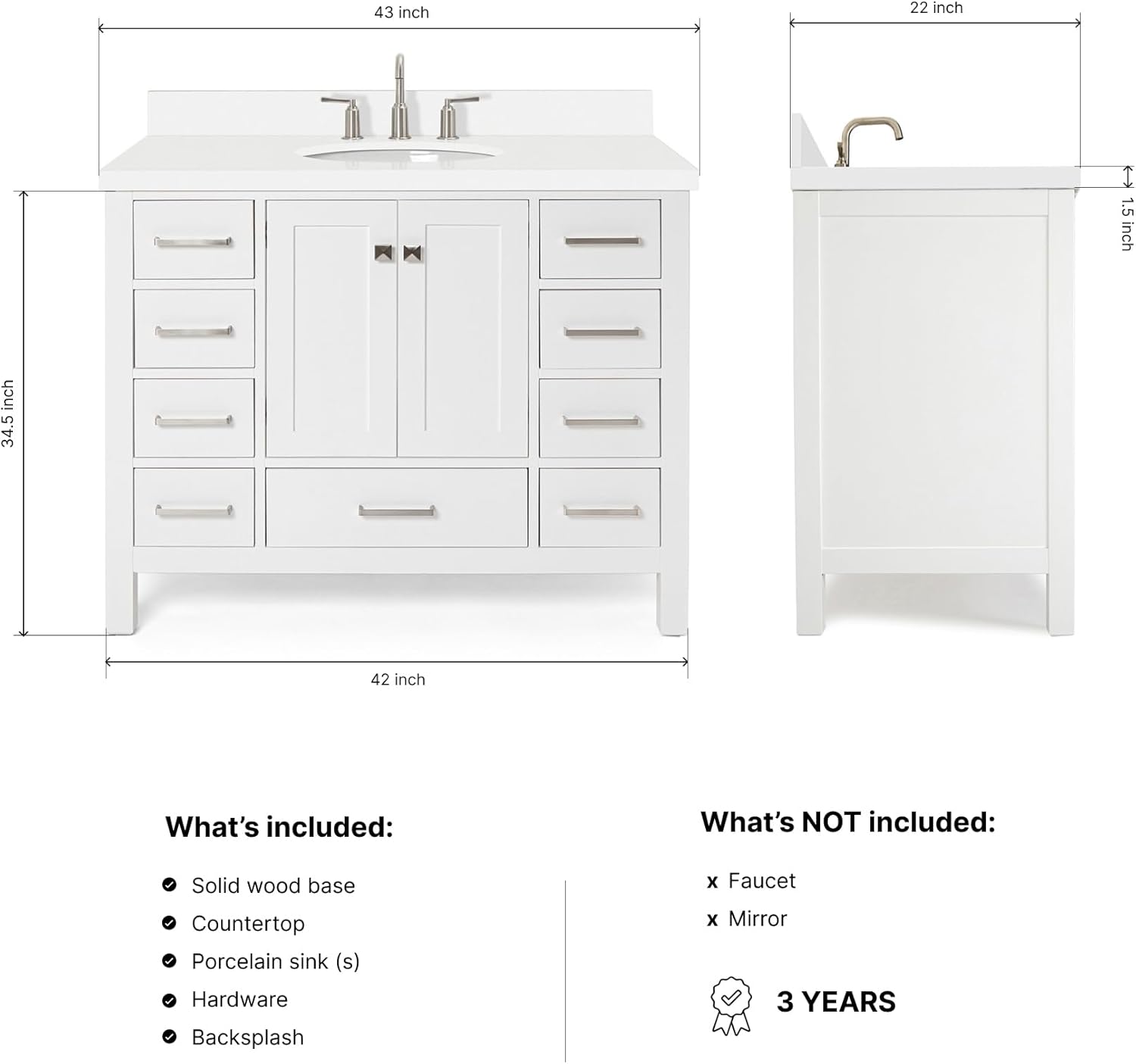 ARIEL Cambridge 42-inch Bathroom Vanity with Sink,Solid Wood, 1.5-inch Pure White Quartz Countertop & Backsplash, Single Oval Porcelain Sink, 2 Soft Closing Doors, 9 Dovetail Drawers, White