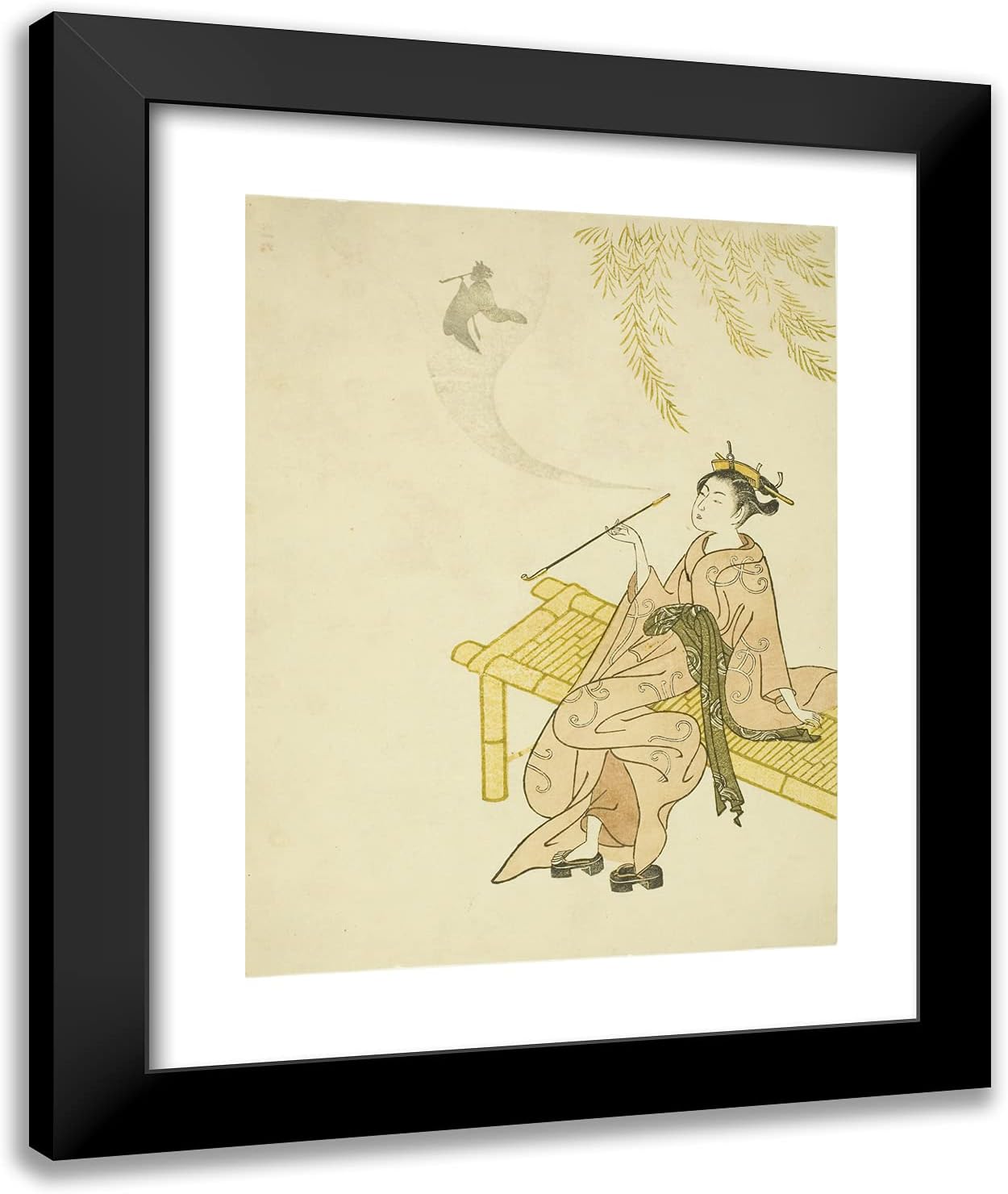 ArtDirect Suzuki Harunobu 20x24 Black Modern Framed and Double Matted Art Print Titled Smoking on a Bench