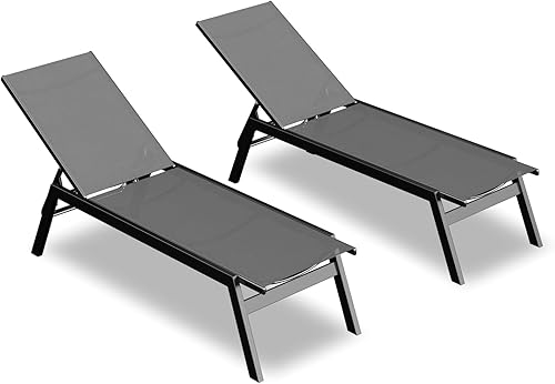 Juego de 2 tumbonas de aluminio para exteriores, sillas reclinables de textileno transpirables para patio, sillón reclinable con 5 respaldos