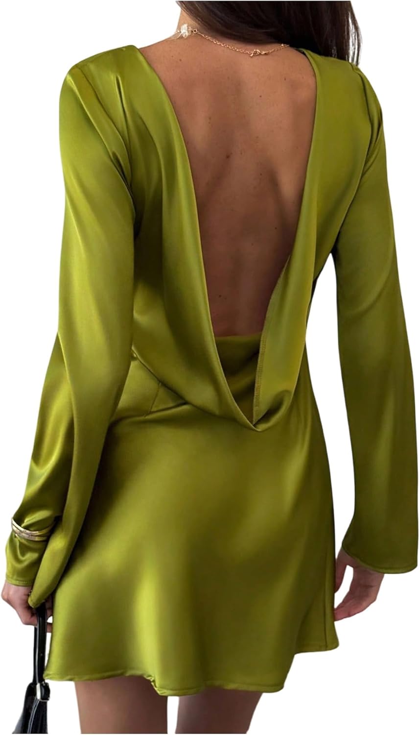 Floerns Women's Backless Draped Satin Mini Dress Crew Neck Long Sleeve Flared Date Night Party Dresses