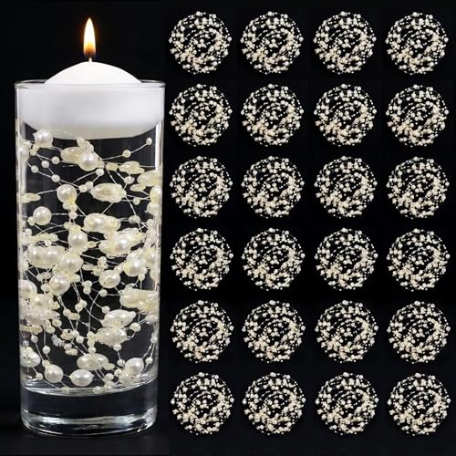MAIBAOTA 30 Pcs Beige Artificial Pearl String for Floating Candle Faux Pearls Beads String for Vases Filler Wedding Centerpiece Decoration Holiday Party Decor (80cm/31inch per String)