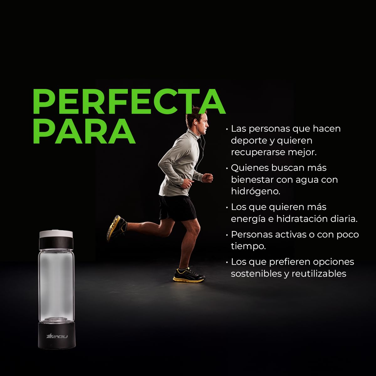 Botella de Agua Hidrogenada – 1400 PPB de Hidrógeno Molecular – Tecnología SPE/PEM de Alta Pureza – Incluye Funda Protectora - Auto limpieza Membrana - 400 ml (Molecular Sport)