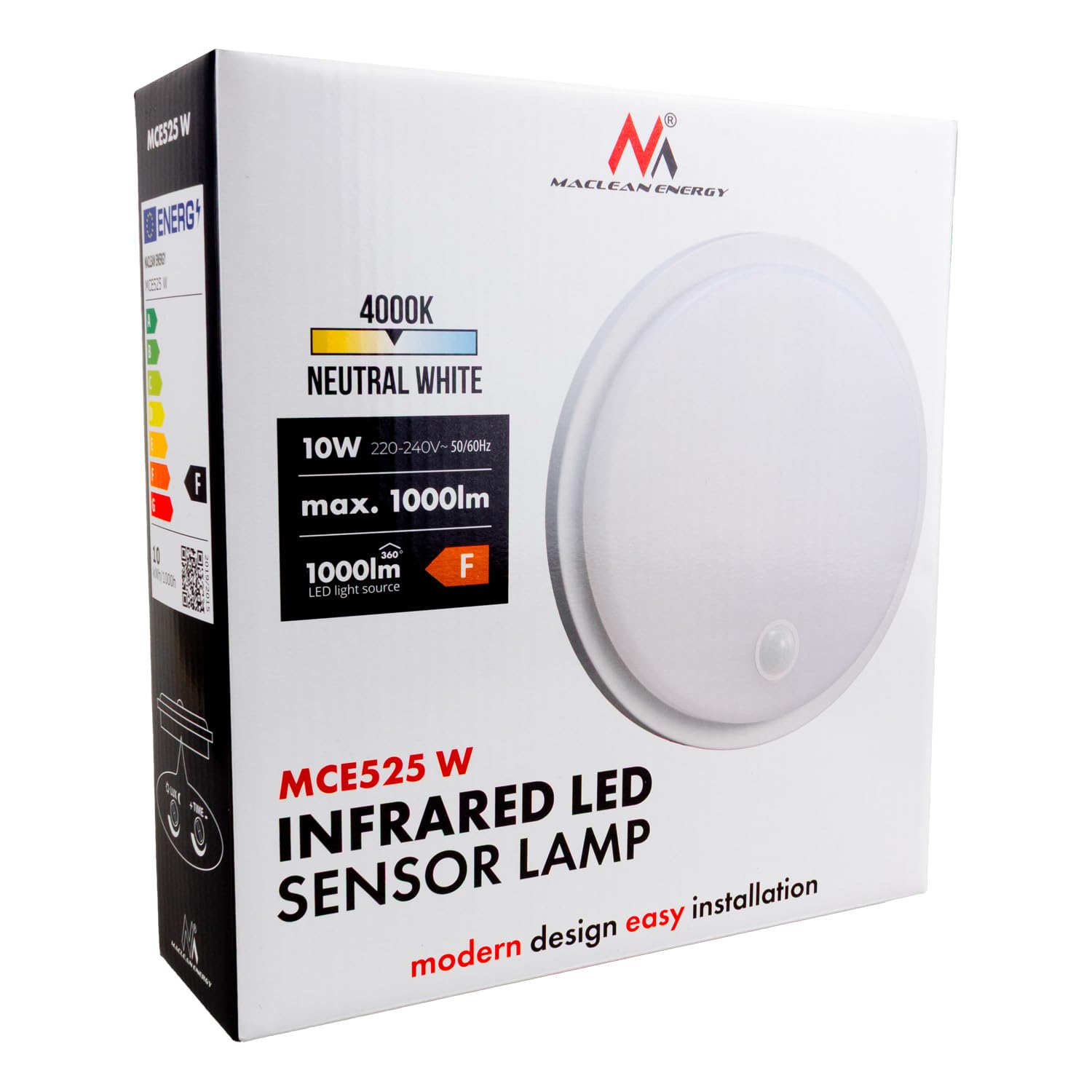 Maclean MCE525 lampa LED z czujnikiem ruchu | PIR 10 W, IP65, neutralna 4000 K, 1000 lm, lampa sufitowa do użytku wewnątrz i na zewnątrz z pracą ciągłą | klasa energetyczna F (biała)