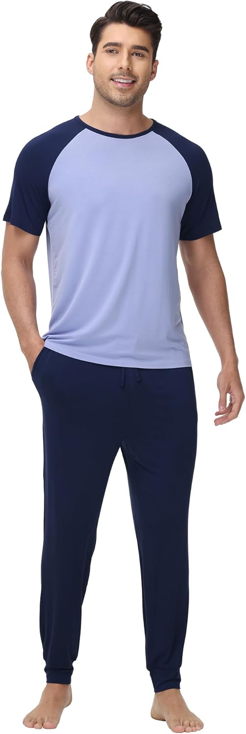 WiWi Mens Pajama Set Short Sleeve Tee Jogger Pants with Pockets Sleepwear Raglan Nightwear Soft Pjs Sets S-XXL