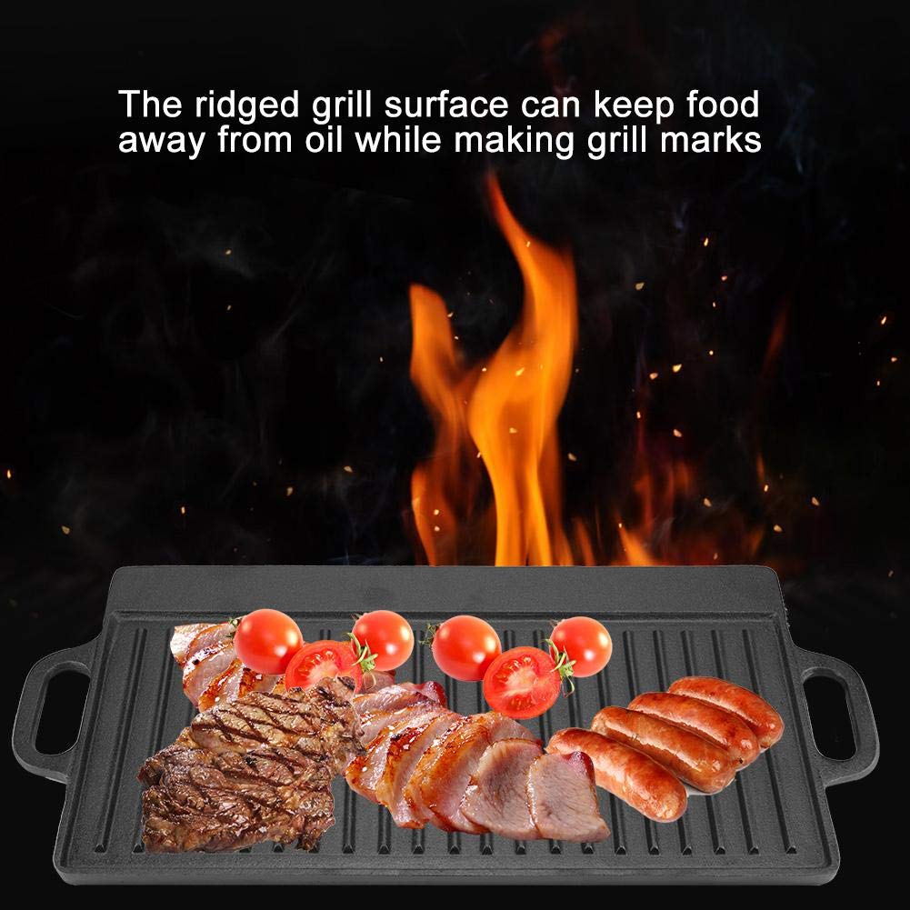 GOTOTOP Piastra in Ghisa Rettangolare per Barbecue, Padella Antiaderente Doppia Faccia con Due Manici, per Induzione e Gas, 50.5x23.5cm, Nero