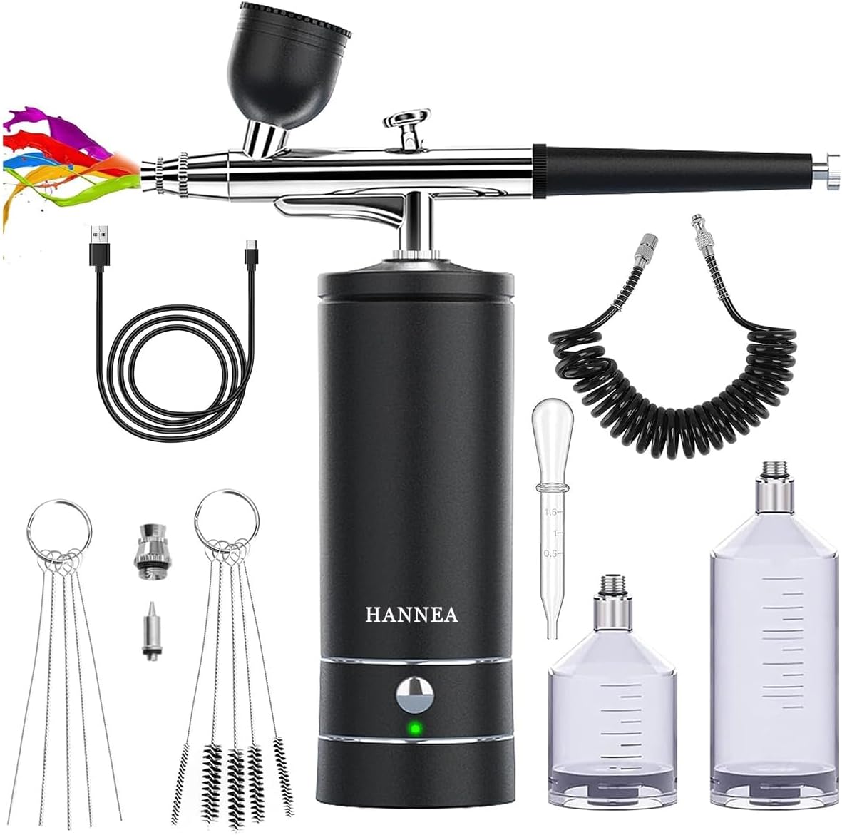 HANNEA® Airbrush-Kit Rechargeable Cordless Airbrush Compressor - Auto Handheld Airbrush Gun, Airbrush Set Portable Wireless Air Brush for Barber, Nail Art, Cake Decor, Makeup, Model Painting(Black)