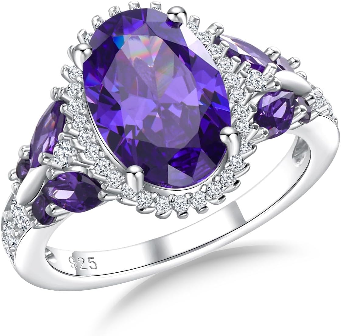 AIBAO Large Oval Engagement Rings for Women Sterling Silver Created Sapphire/Ruby/Aquamarine/Emerald/Amethyst/Alexandrite/CZ Butterfly Halo Ring Birthstone Rings Jewelry Size 6 to 10
