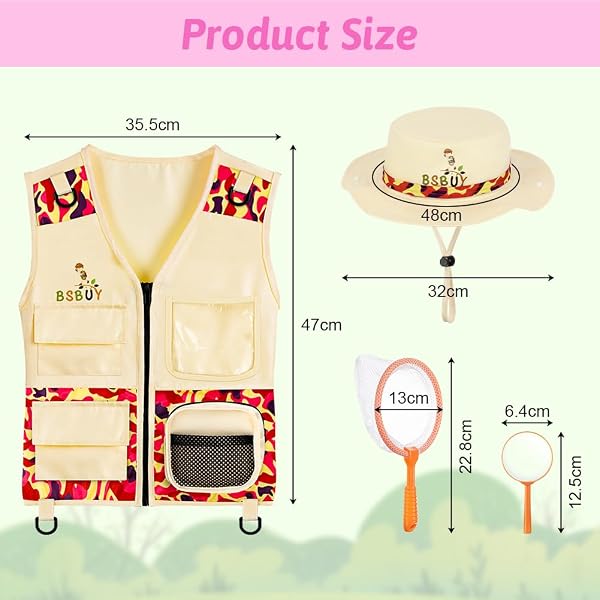 Kit d'exploration Enfants, 4Pcs Costume Explorateur Extérieur Camouflage avec Filet à Papillons et Loupe, Kit de Aventurier Extérieur, Cadeau d'exploration Nature pour Garçon Fille, Orange - 2