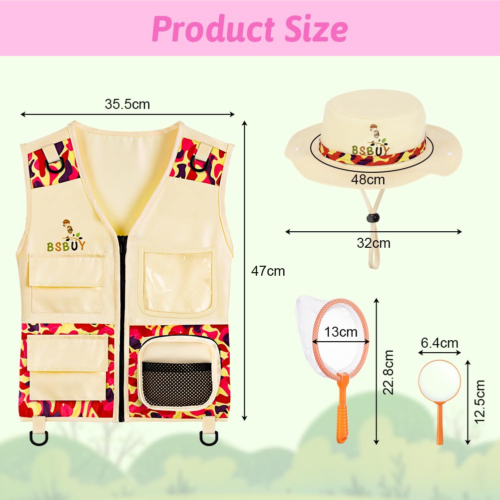 Kit d'exploration Enfants, 4Pcs Costume Explorateur Extérieur Camouflage avec Filet à Papillons et Loupe, Kit de Aventurier Extérieur, Cadeau d'exploration Nature pour Garçon Fille, Orange - 2