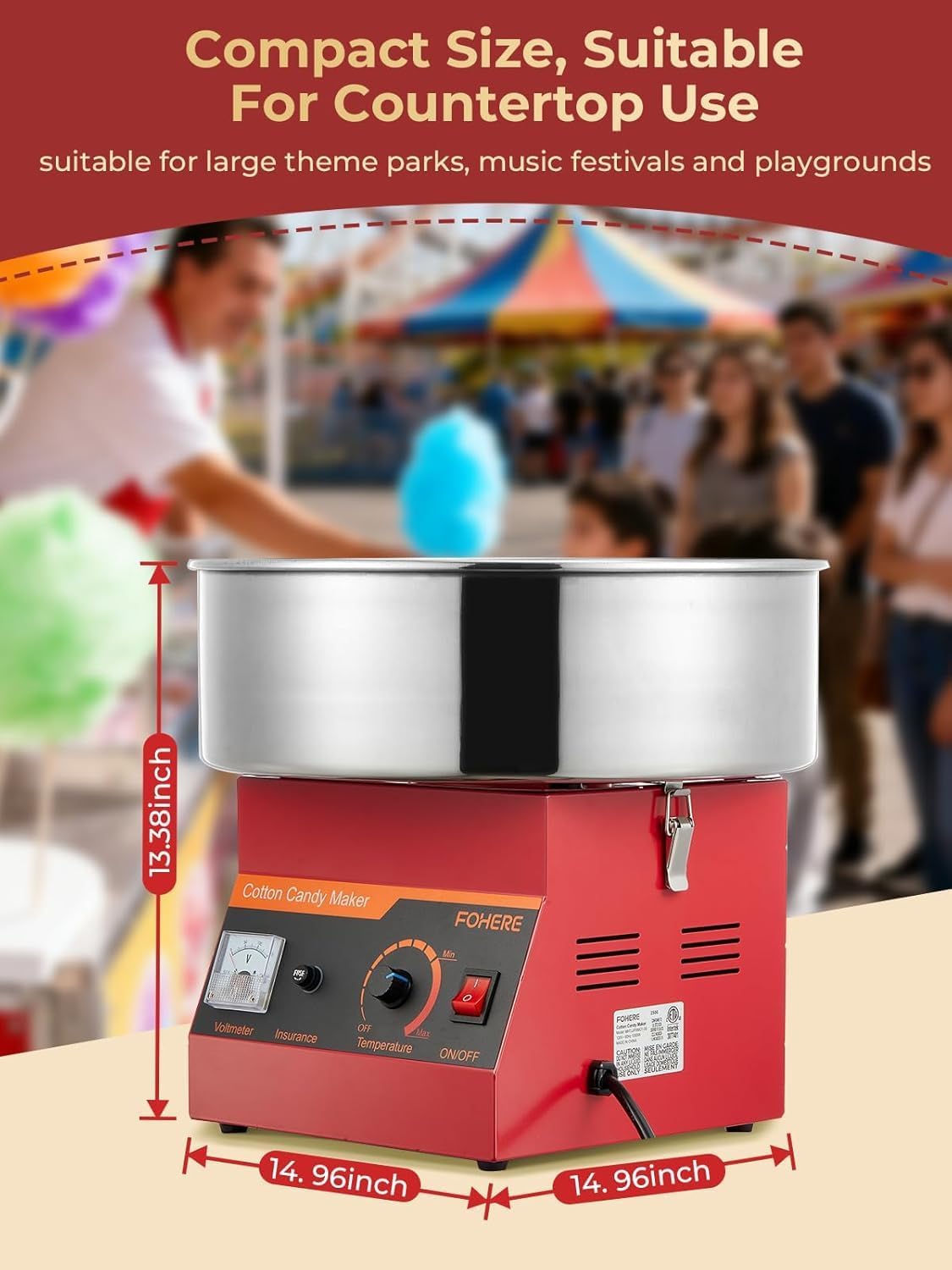 FOHERE Cotton Candy Machine Commercial, 1000W Cotton Candy Maker, Easy Use with 15 inch Stainless Steel Bowl and Sugar Scoop, Makes Hard Candy for Family Party, Fast Candy Production