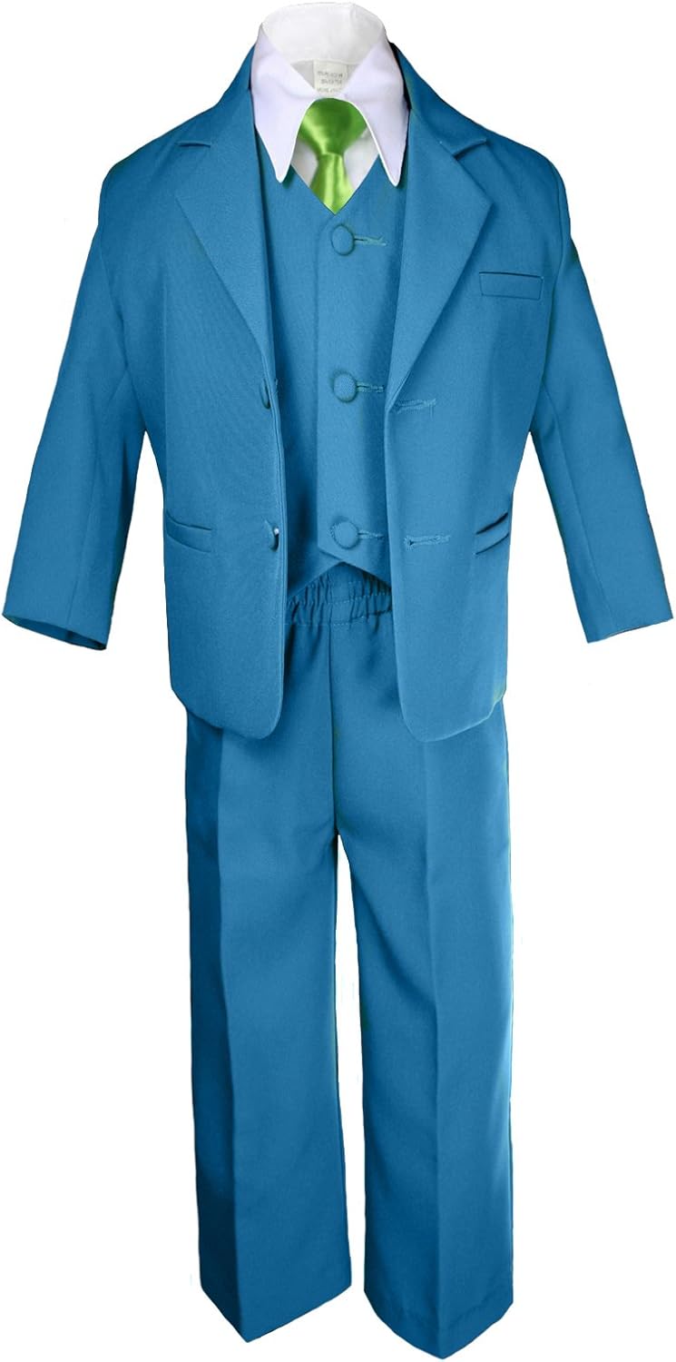 6pc Boy Teal Greenish Blue Tuxedo Suit Satin Lime Green Necktie Baby Teen