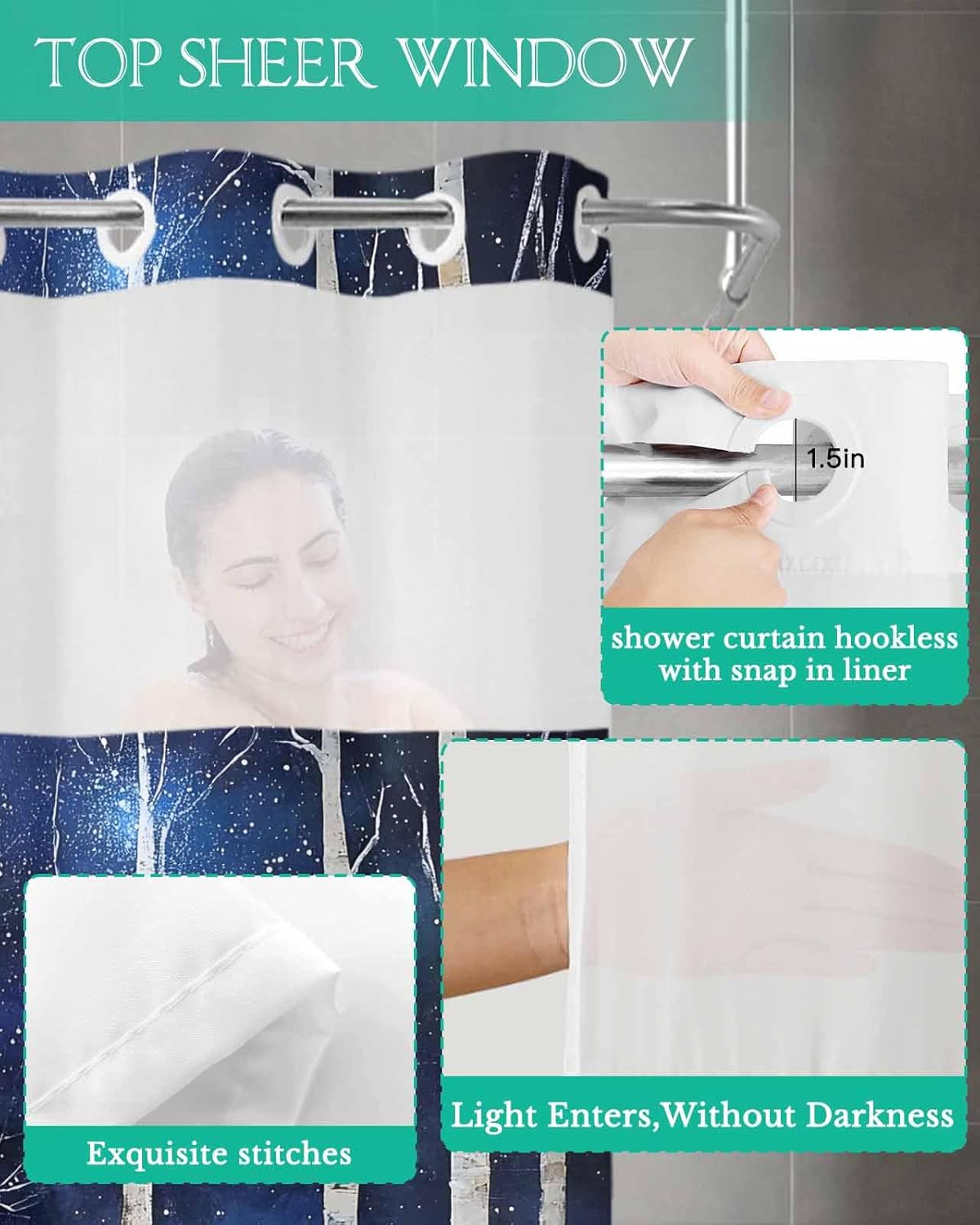 No Hook Shower Curtain with Snap-in Liner, Blue Forest Waterproof Fabric Bathroom Curtains, Vintage Night Trees Trunk Branch Bath Curtains & Mesh Top Window Stand Up Stall 36"x72"