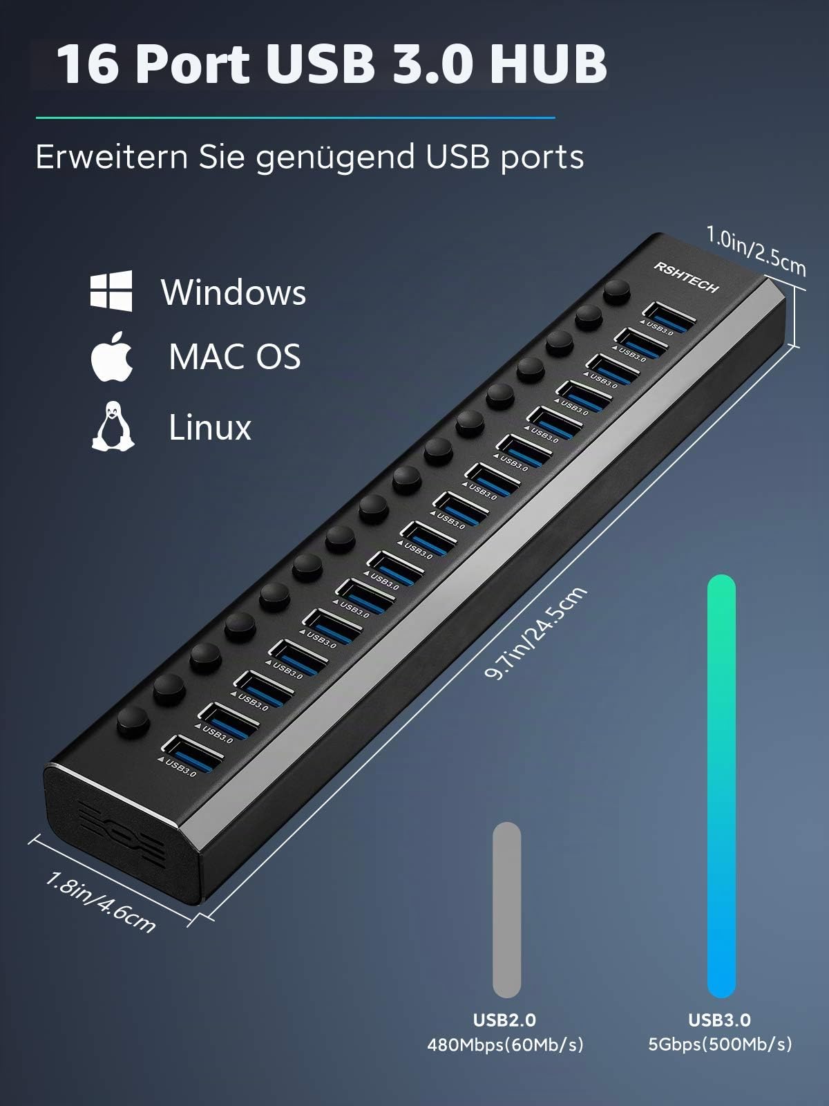 RSHTECH Aluminium16 Port USB Hub Aktiv 3.0 mit 100W Netzteil, RSH-A16 | USB 3.0 Hub mit Schalter - für PC, Mobile HDD, Flash-Laufwerk, Professionelle Business Grade - Stabile Datenübertragung