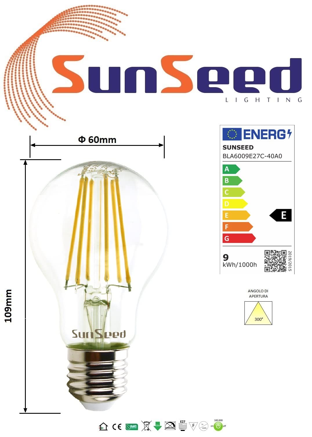 SUNSEED 10x Bombilla Estándar Filamento LED E27 9W = 83W Blanco Neutro 4000K