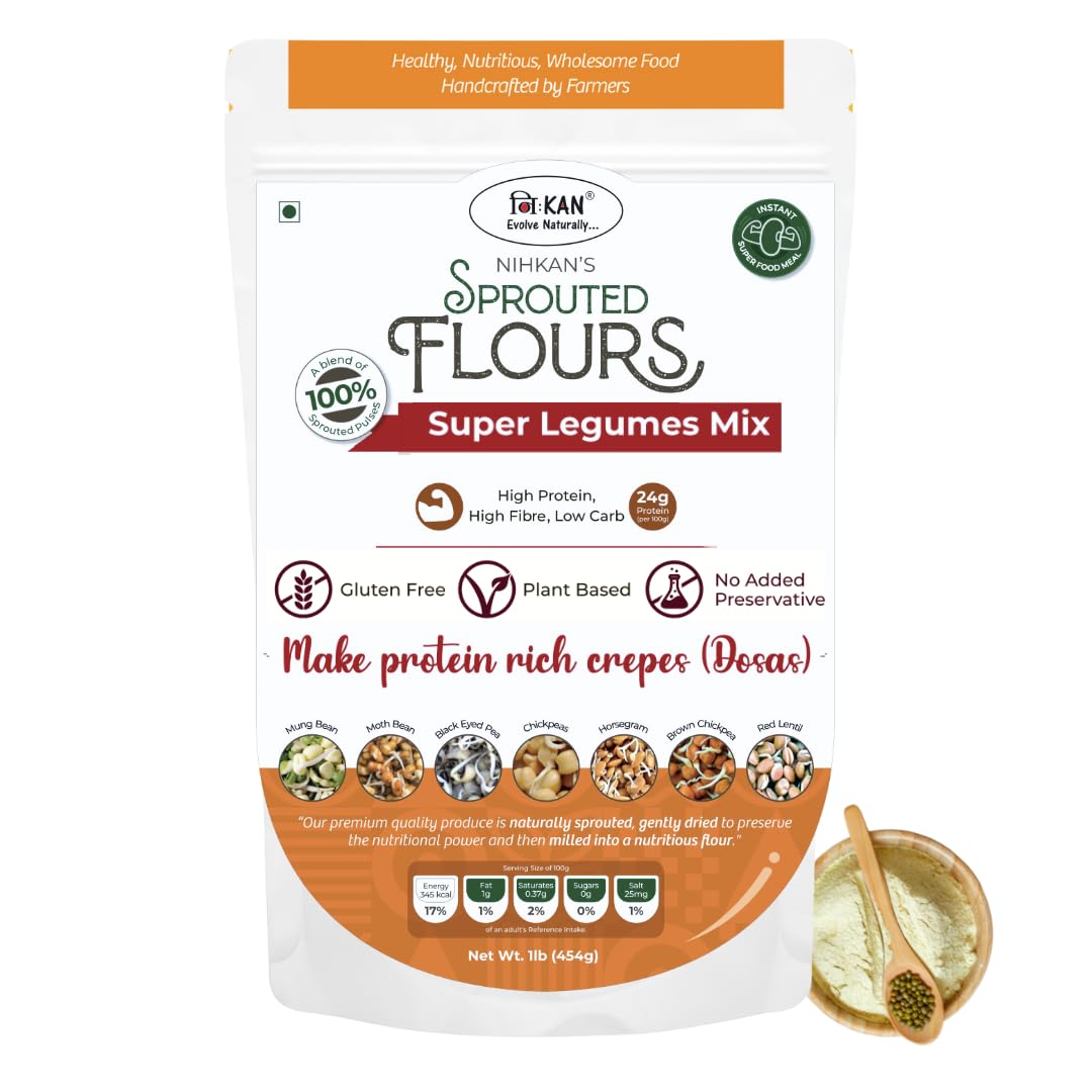 NIHKAN Sprouted Legumes (Pulses) Flour - Gluten free Sprouted Lentils Instant Chilla Mix/Dosa Mix - 454 gm | High Plant Protein, Low GI, Diabetes-Friendly | No preservatives or baking soda (B09S3BDXX4) Amazon Price History, Amazon Price Tracker