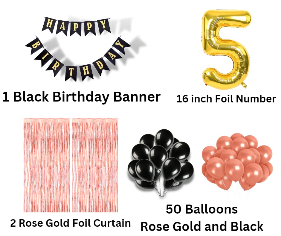 Image of 5th Birthday Decoration items for Girls with Black and Rose Gold Balloons, Black Happy Birthday Banner, Rose Gold Foil Curtain, Foil Balloon number 5