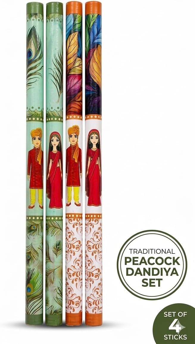 Traditional Raja Rani Wooden Dandiya Raas Sticks for Festive Celebration– Decorative Garba Raas Sticks for Navratri & Festive Celebrations (Pack of 2 Pairs)