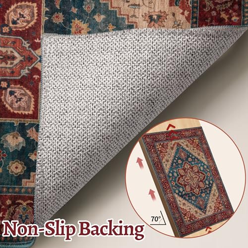 Image of Tangsoo Oriental 2x3 Washable Rugs for Entryway Non Slip Small Rug Red Blue