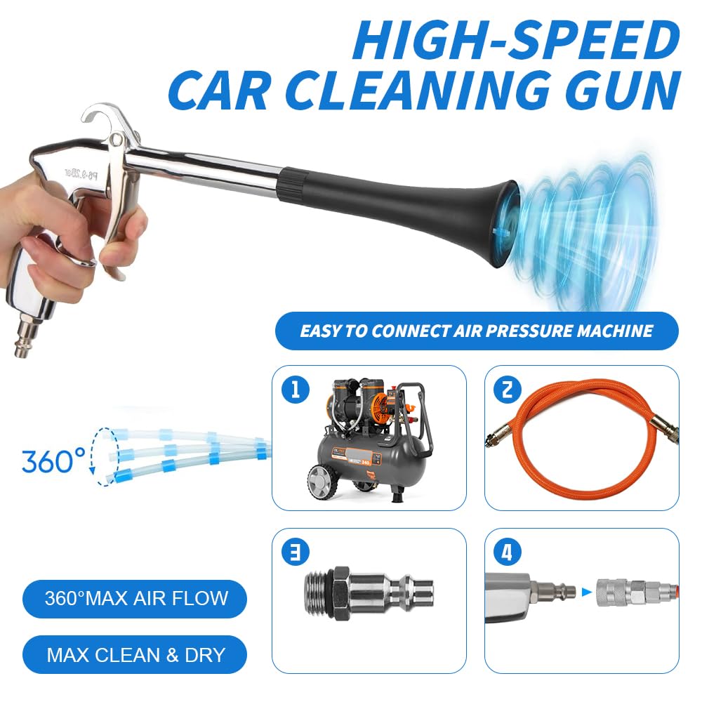 Pistola per la Pulizia a Secco, Pistola per Pulizia Auto, con 2 ugelli Pistola, Pistola di Soffiaggio, Pistola di Pulizia, per Auto per la Cura Interna di Auto la Pulizia, Argento