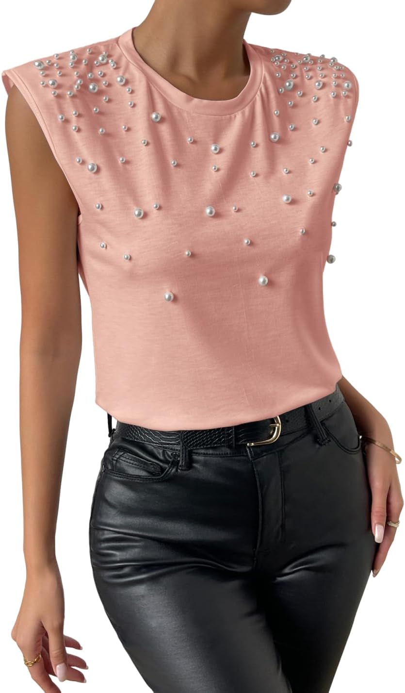 GORGLITTER Women's Pearl Beaded Top Blouses Casual Dressy Sleeveless Shoulder Pad Tee T-Shirt Going Out Outfits