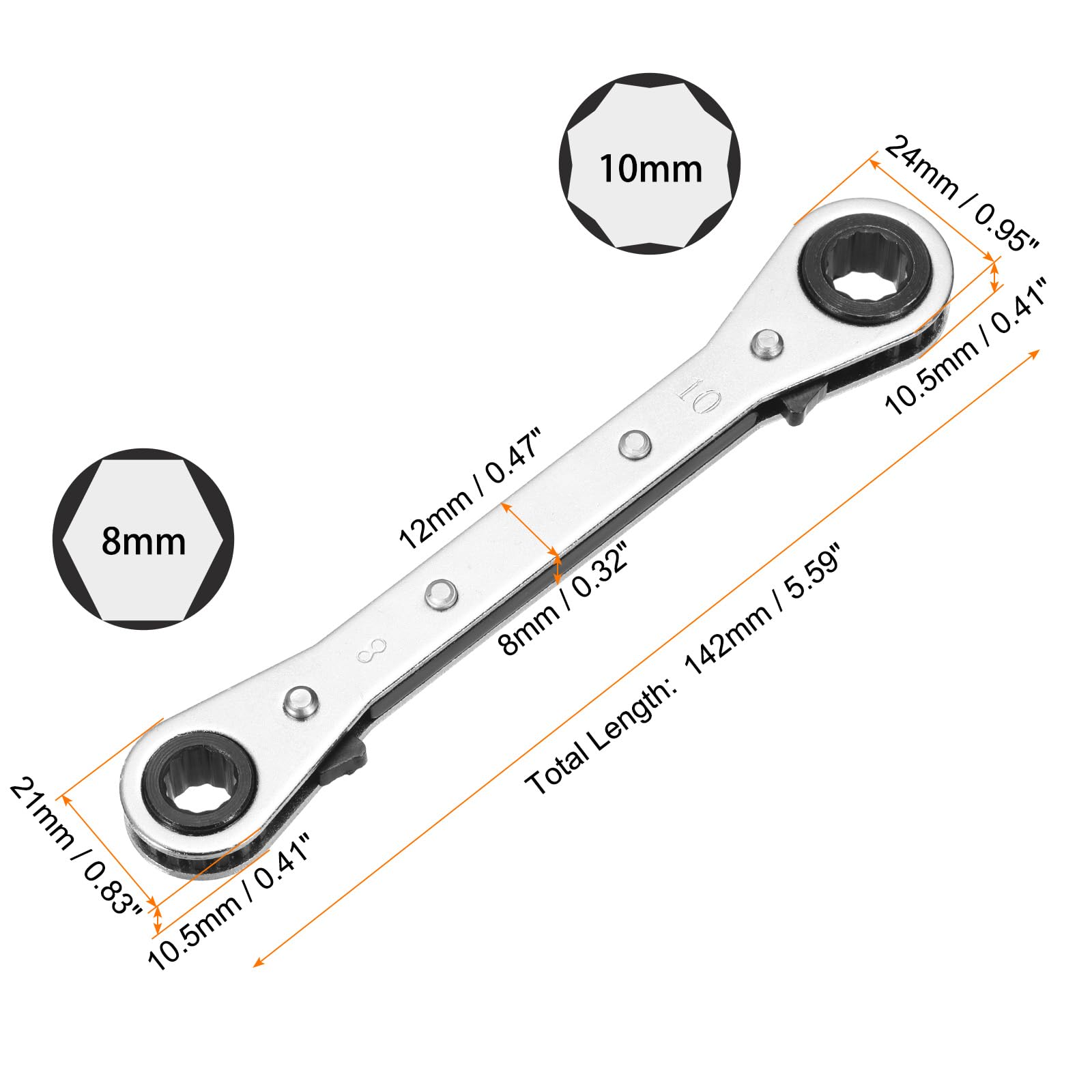 Chiave a cricchetto Reversibile a Doppia estremità 8 mm x 10 mm in Acciaio CR-V, Rotazione a 180 Gradi, metrica, Doppia Testa, 12 Punte, 24 Denti, Regolabile, Grigia