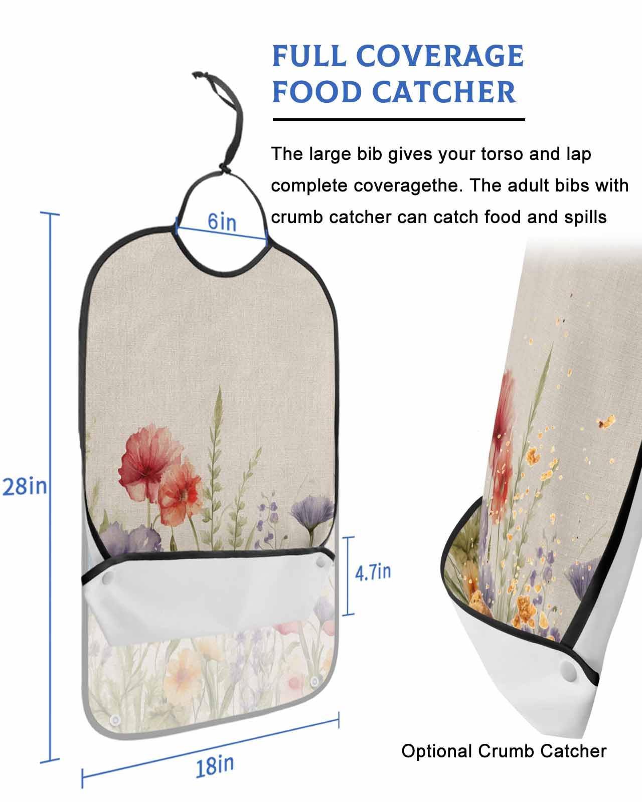Botanical Flower Adult Bib for Adults Men, Women, Vintage Floral Leaves Plant Herb Washable & Adjustable Terry Cloth Bib with Crumb Catcher Reusable Waterproof Clothing Clothes Protector Apron