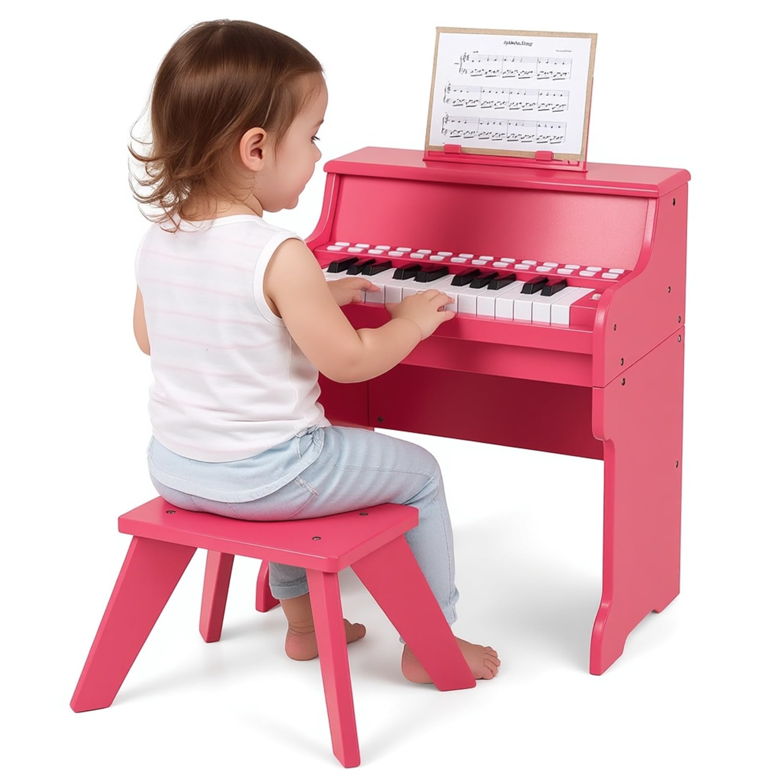 GYMAX Pianoforte Digitale in Legno per Bambini, Tastiera a 25 Tasti con Leggio, Sgabello, Tasti Illuminati, Modalità Didattica, 6 Strumenti e 8 Percussioni, Strumento Musicale (Rosa)