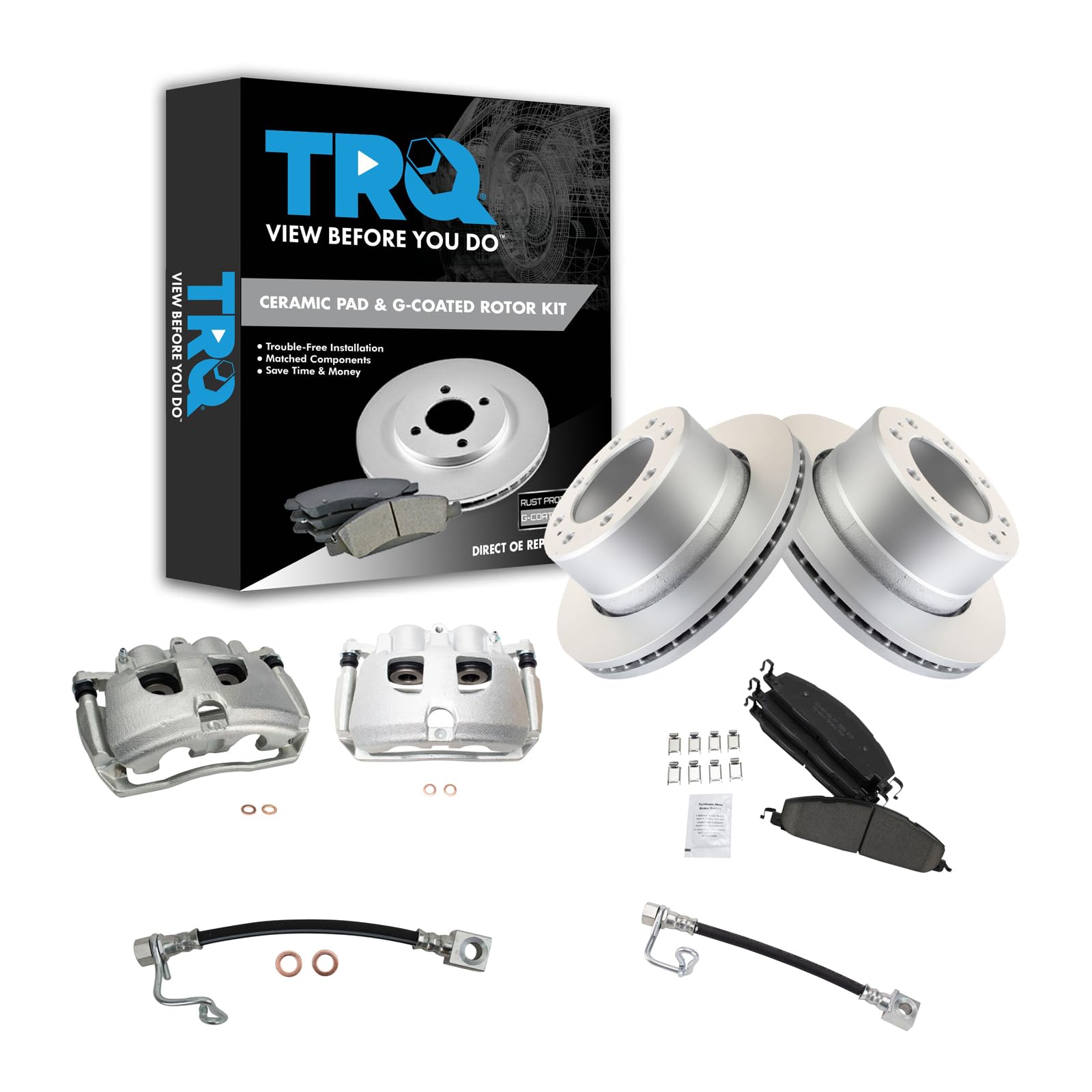 TRQ Rear Brake Pad, Caliper, Hose, &amp; Rotor Kit Ceramic Premium G-Coated Compatible with 2009-2010 Dodge Ram 2500, 3500 2011-2013 Ram 2500 2011-2012 3500