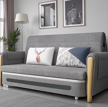 Convertible Pull Out Sofa Bed with Storage Modern Reclining Full Sleeper Sofa Bed with Padded Armrests Breathable Cotton-Linen Fabric Space-Saving Sofa Bed with Storage for Small Spaces (Grey/White)