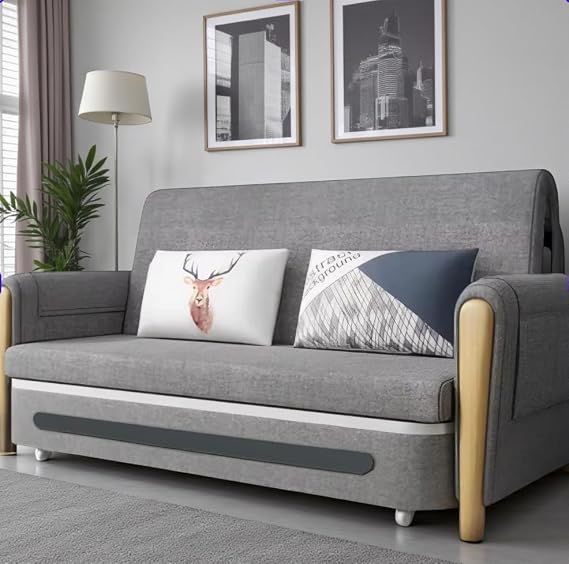 Convertible Pull Out Sofa Bed with Storage Modern Reclining Full Sleeper Sofa Bed with Padded Armrests Breathable Cotton-Linen Fabric Space-Saving Sofa Bed with Storage for Small Spaces (Grey/White)