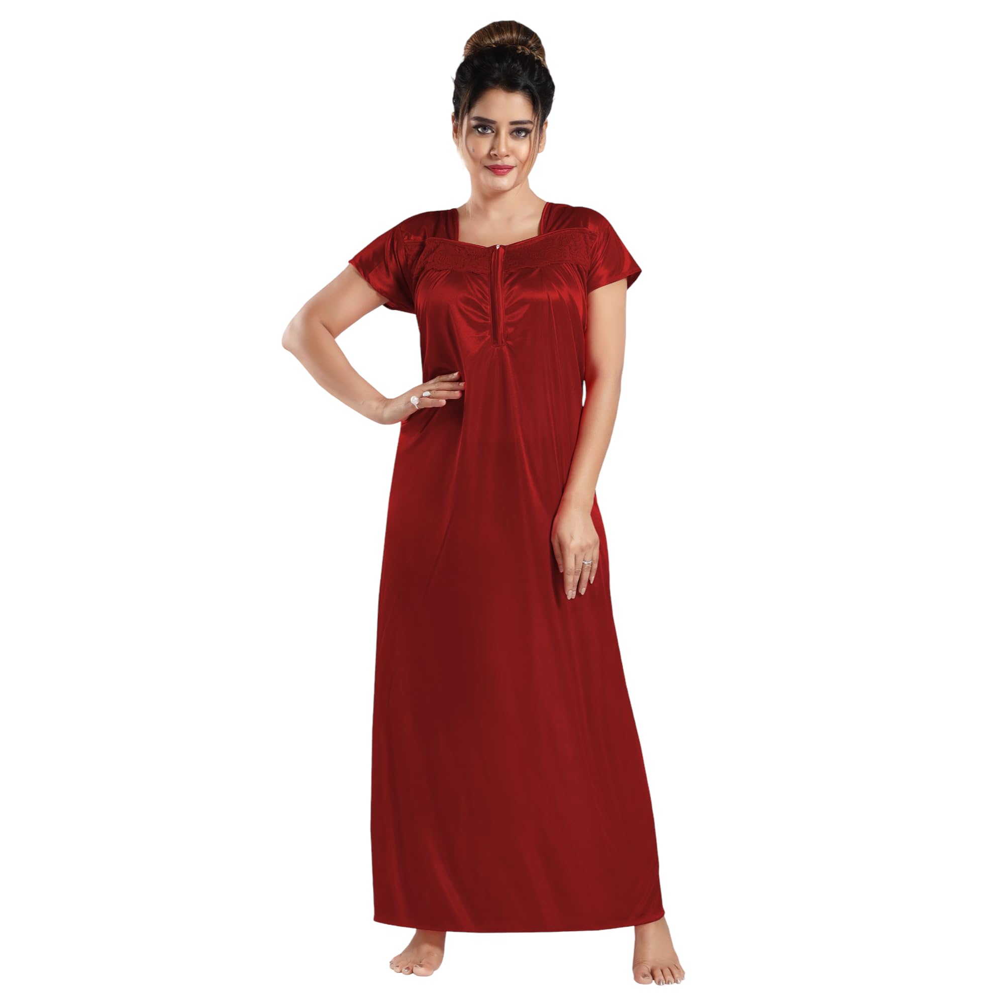 Apparels Solid Satin Nighty | Lace Work Neck Design Nightgown | Full Length Regular Nightwear/Maxi for Women/Mother/Wife/Girlfriend-image-10