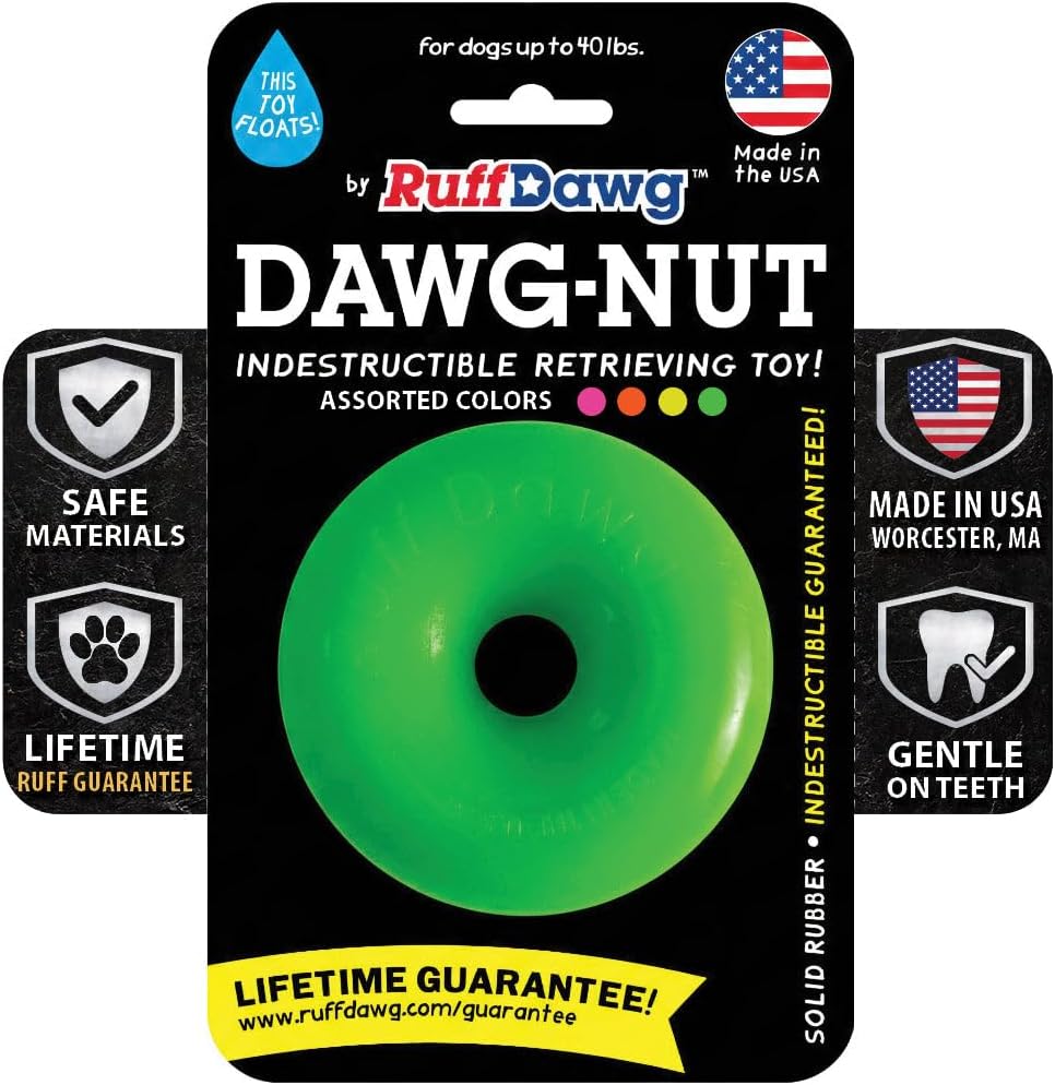 Dawg-Nut Medium 3.5” – Heavy-Duty Solid Rubber Donut Dog Chew Toy for Dogs Under 40 lbs – Floats & Bounces – Made in USA – Assorted Neon Colors