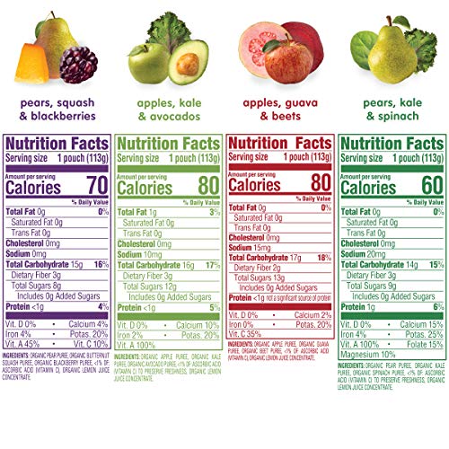 Happy Baby Organics Stage 2 Baby Food Pouches, Gluten Free, Vegan & Healthy Snack, Clearly Crafted Fruit & Veggie Puree, Fruit & Veggie Variety Pack, 4 Ounces (Pack of 16)